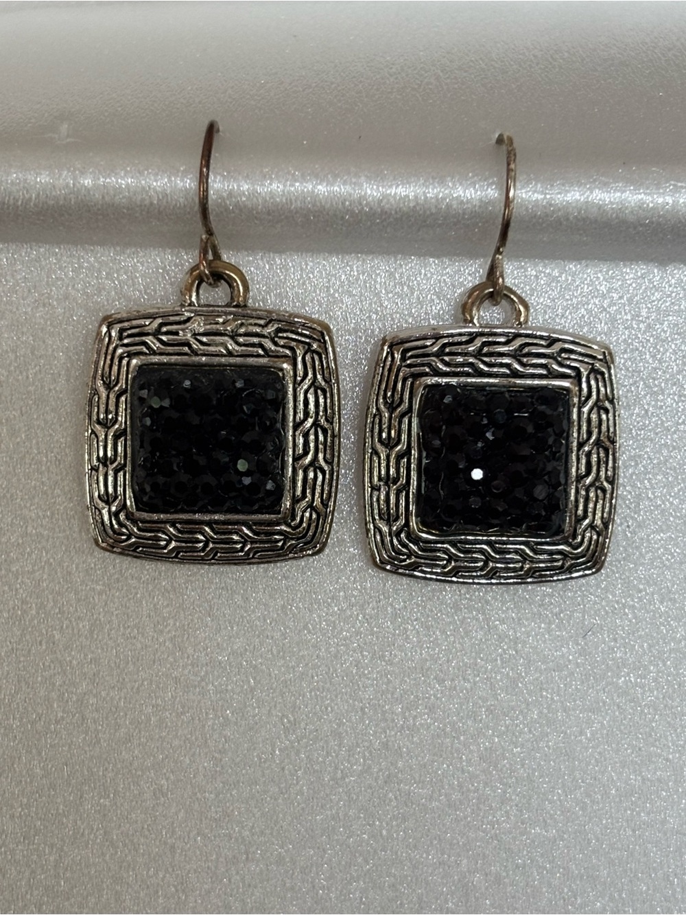 VINTAGE Silver-Tone Square Black Druzy Drop Earrings - Sparkling Black